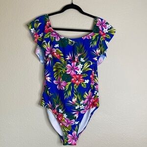 Kona Sol bathing swim suit Hawaiian print one piece ruffles Large NWT
